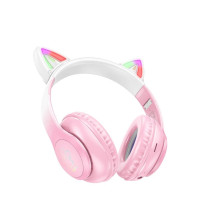 Наушники с ушками Hoco W42-44mm Bluetooth полноразмерные, беспроводные с микрофоном, LED подсветкой и MicroSD Pink