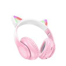 Навушники з вушками Hoco W42-44mm Bluetooth повнорозмірні, бездротові з мікрофоном, LED підсвічуванням та MicroSD Pink